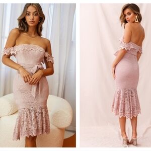 NWT Selfie Leslie Patience Lace Bodycon Midi Dress in Mauve